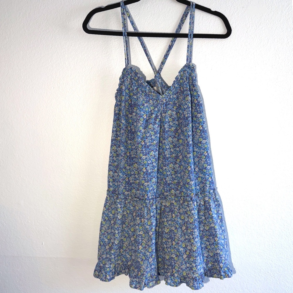 Universal Thread Blue Floral Cotton Mini Dress Small Strappy Tiered Babydoll